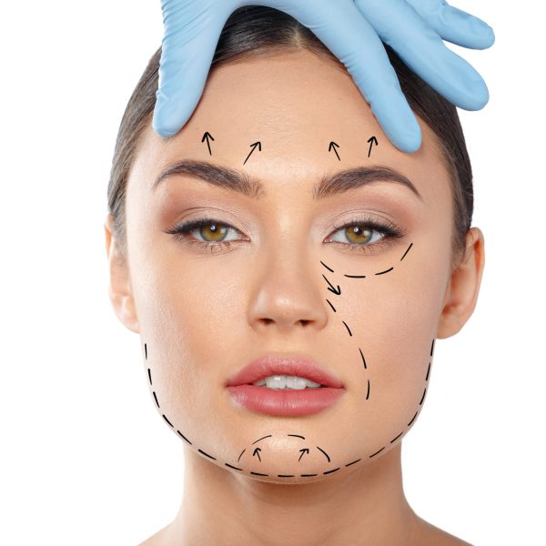 woman with dotted lines on face, cosmetology